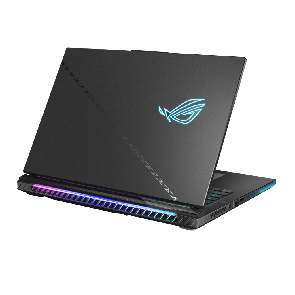 Rear side of the ROG SCAR 16 & 18, highlighting its design with RGB lighting